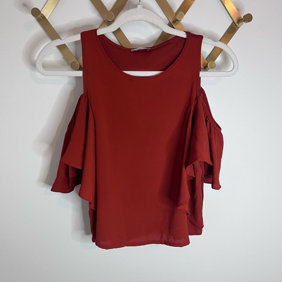 Zara Rust Cold Shoulder Flutter Sleeve Top Small - Picture 4 of 7